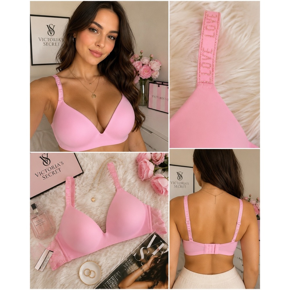 Victoria Secret Pink T-Shirt Lightly Lined Wireless Bra 32DDD Pink Love Straps